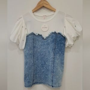 Pastel Denim Bodice Puff Rhinestone Sleeve Top Small